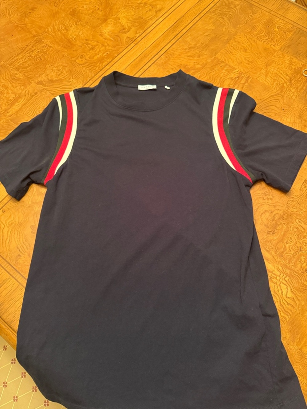 Sandro Navy Short-Sleeve Crewneck Tee with Red, White & Blue Shoulder Stripes